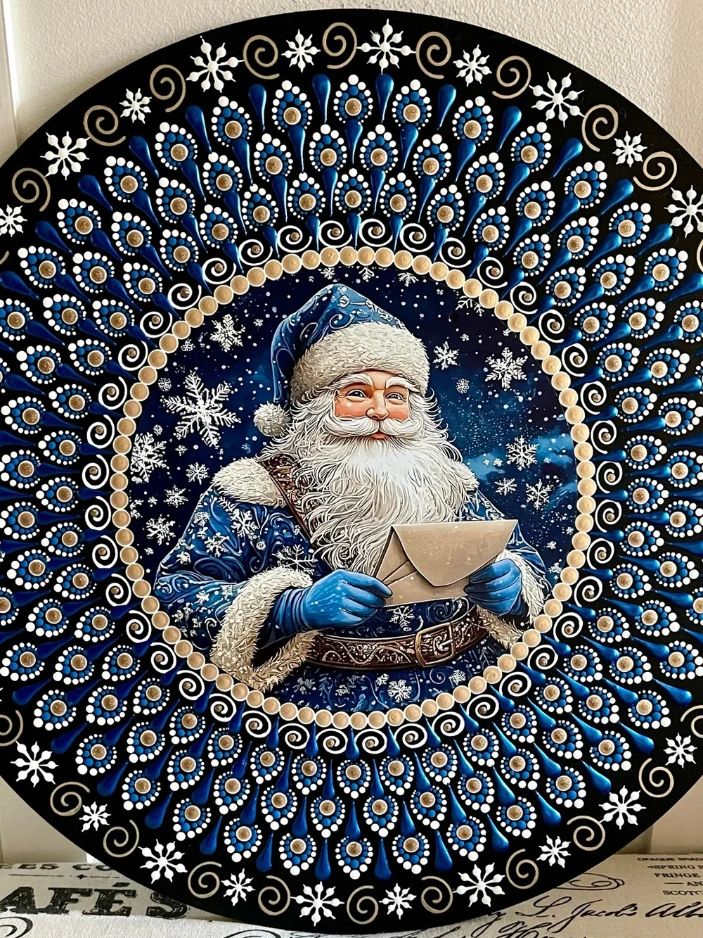 Hand painted Santa Holiday Wall Plaque - Blue and Gold Décor 16 inches round